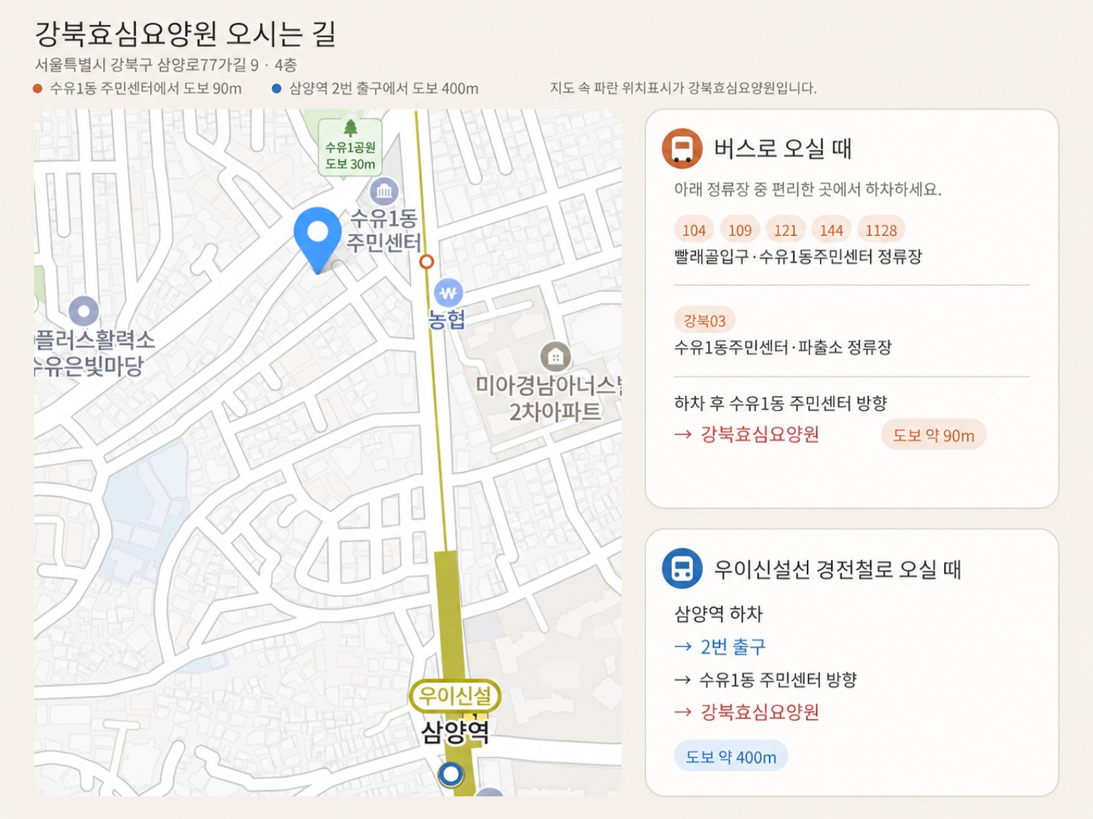 수유1동 주민센터, 삼양역, 수유1공원에서 강북효심요양원까지의 거리 안내도